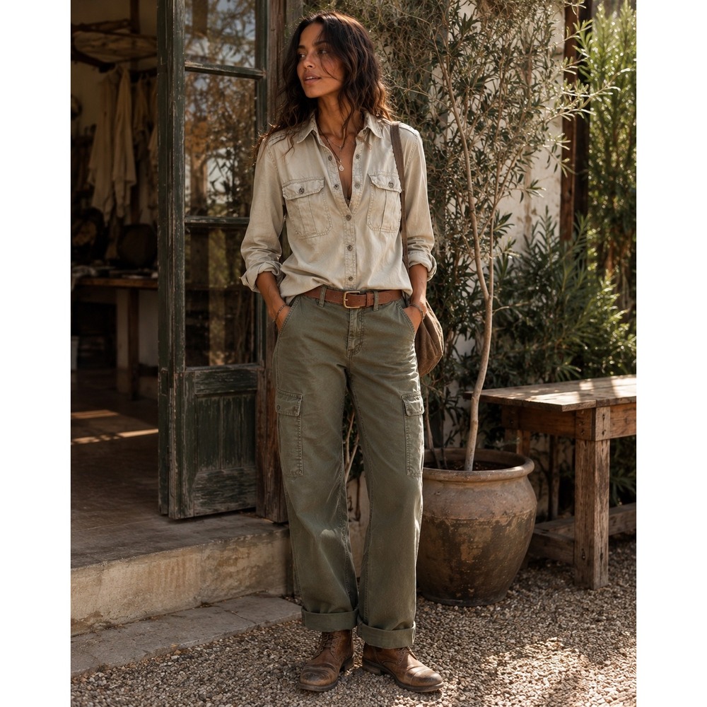 Denim & Supply Ralph Lauren Tan Khaki Utility Safari Shirt Epaulettes Womens M